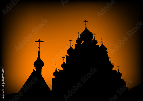 Ancient wooden Christian temple on color background