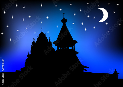 Ancient wooden Christian temple on color background