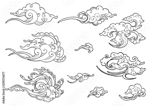 oriental Japanese or Chinese cloud ornament doodle drawing collection set vector with white isolated background 
