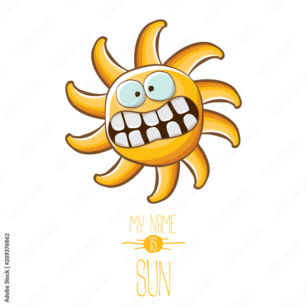vector funky cartoon style summer sun character isolated on white background. My name is sun concept illustration. funky kids summer character with eyes and mouth vector funky cartoon style summer sun character isolated on white background. My name is sun concept illustration. funky kids summer character with eyes and mouth