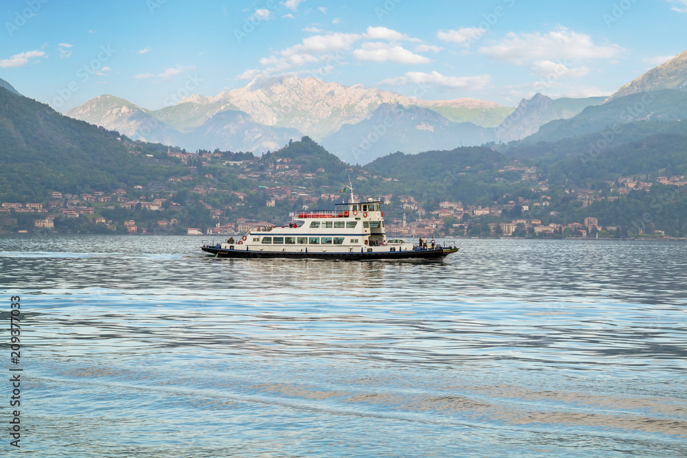  Travel in Italy, ferry boat on lake of Como. Lombardy, Italy