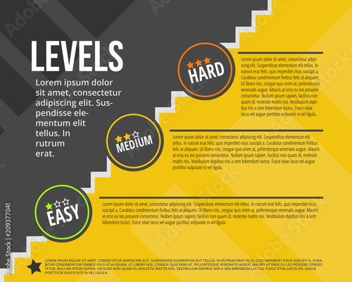 Vector illustration of degree infographic made of stair levels. Design. Easy, medium, hard