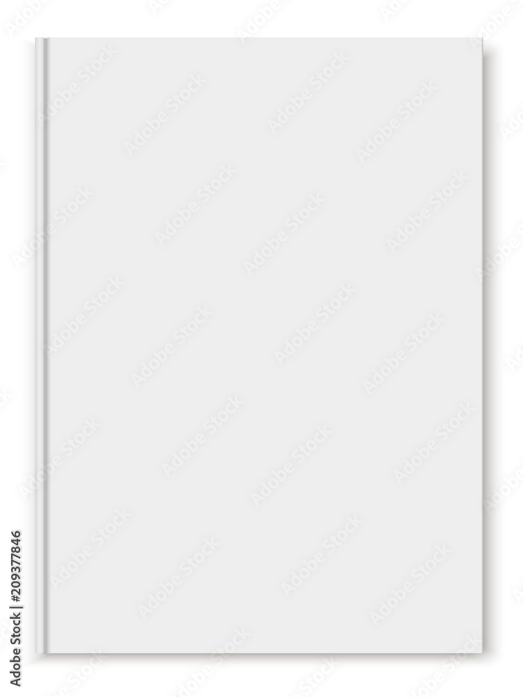 Layout of blank cover of a book, magazine or notebook lying on a white surface. Realistic light shadows. 3d vector illustration.