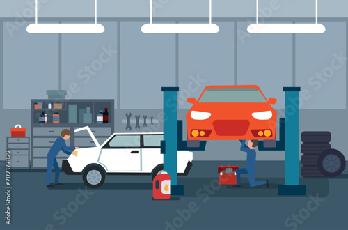 Work process in car and tire services. Automobile repair and mechanics vector illustration