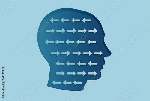 Vector of a man head with arrows inside going in opposite directions. Cognitive dissonance concept