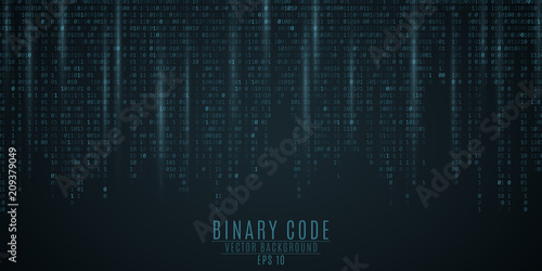 Binary code background. Blue glow. Falling figures. Blurring of figures in motion. Global network. High technologies, programming, sci-fi. Vector illustration