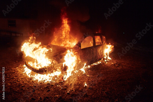 flaming car