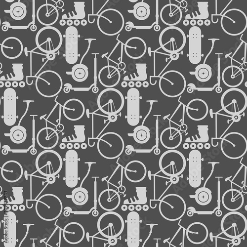 Active city transport eco alternative energy bike scooter one and two-wheeled mobility electro vehicle vector seamless pattern background.