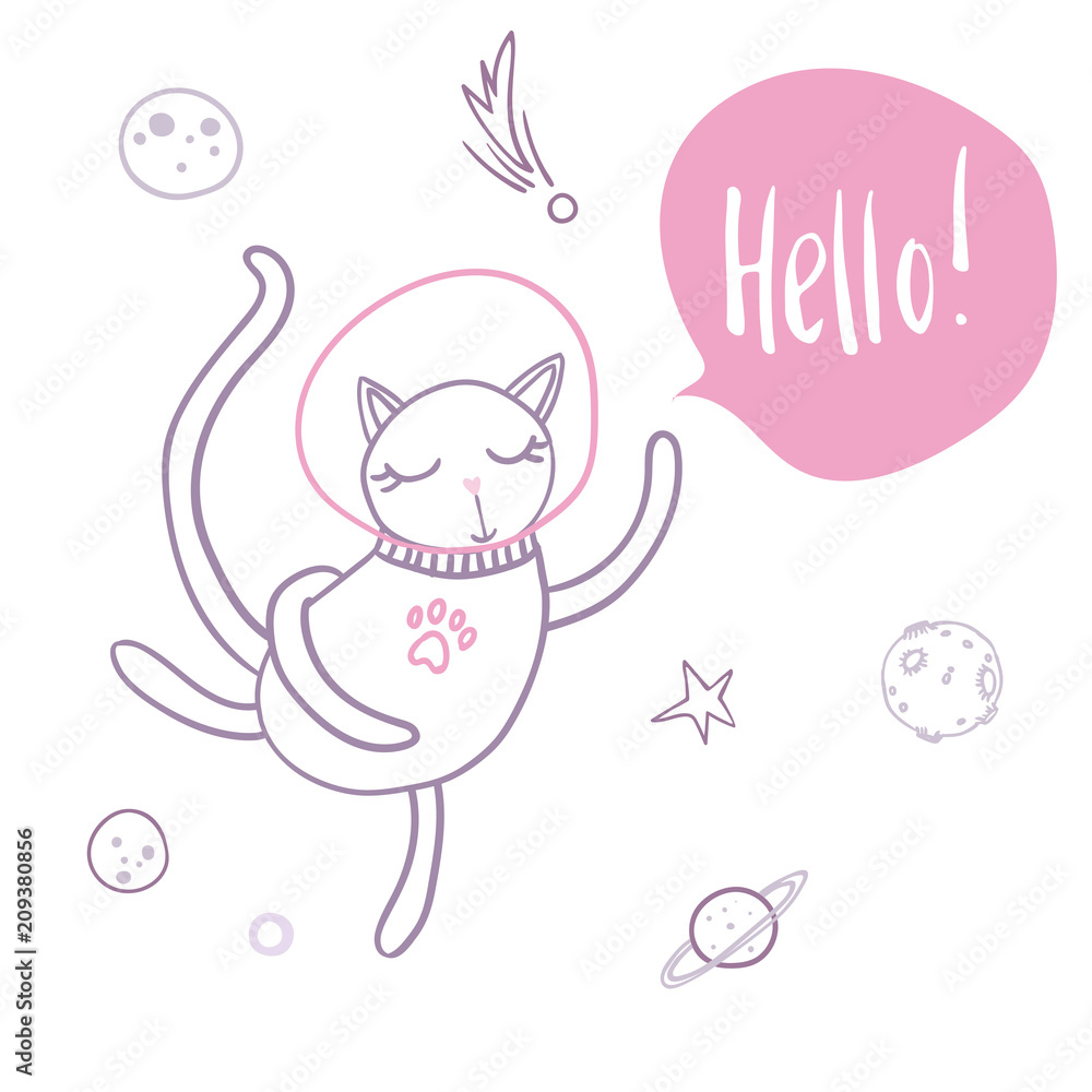 Cute cat flying in space surrounded by stars, planets. asteroids. Hello hand lettering. Simple sweet kids nursery illustration. Graphic design for apparel.