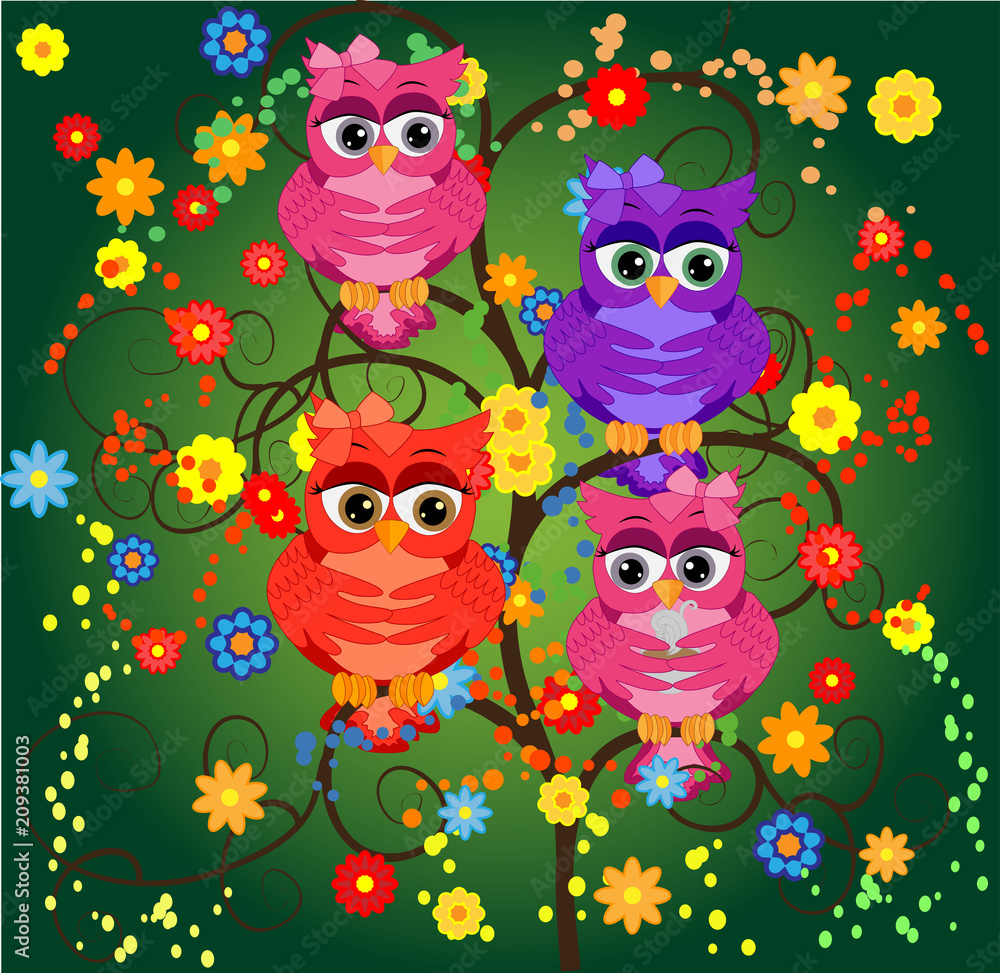 Funny owls on branch in flowers. Spring concept background. Bright illustration, can be used as invitation card. Vector summer wallpaper Funny owls on branch in flowers. Spring concept background. Bright illustration, can be used as invitation card. Vector summer wallpaper