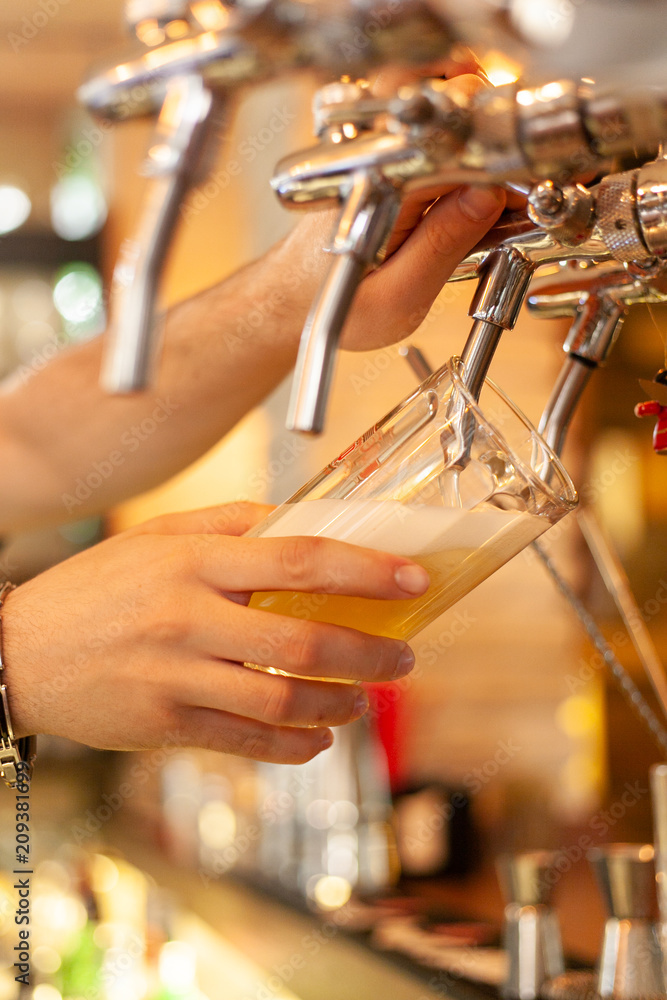 The barman pours a light beer from the tap