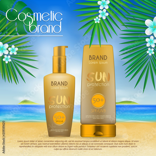Summer sunblock cosmetic design template on beach background with exotic palm leaves. 3D realistic sun protection and sunscreen product ads.