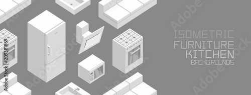 Isometric Kitchen Furniture, flat style. isolated on black background