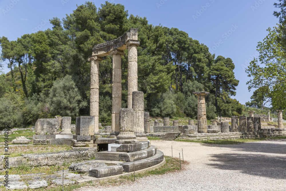 Ruins of Ancient Olympia, a sanctuary in Elis on the Peloponnese peninsula