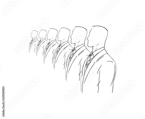 Businessman in business suits, jackets and ties in the ranks, silhouettes of people in profile. Many men in strict clothing, politicians or a lawyers formation. Black lines drawn sketch, vector