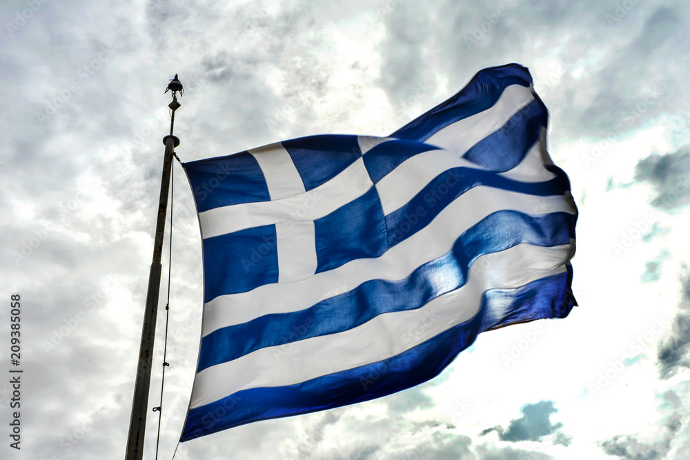 Obraz premium Blue White Greek Flag Sun Summit Acropolis Athens Greece