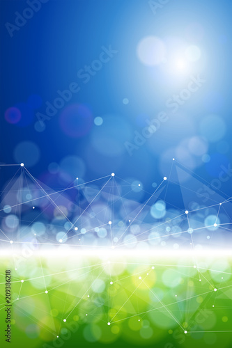 blue green bokeh - environment ecology concept - abstract image of grass & sky connected by a white digital wave created from points and lines - as an image of innovation, modern technology & science