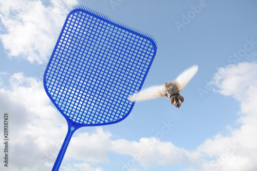 blue flyswatter hunting  a flying fly against a blue sky with clouds, copy space, motion blur, selected focus, narrow depth of field