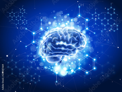 blue shining brain & chemical formulas in the form of a shining constellation in the blue space of the information web - an abstract illustration of information technology in medicine & biotechnology
