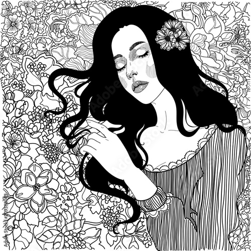 vector black and white, coloring, beautiful brunette girl among the blossoming lush wildflowers