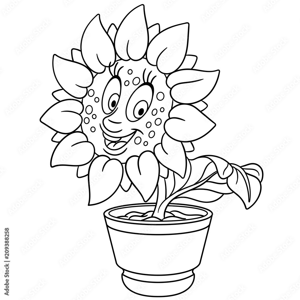 Fototapeta premium Sunflower. Sun flower in a pot. Coloring page. Colouring picture. Coloring book. 