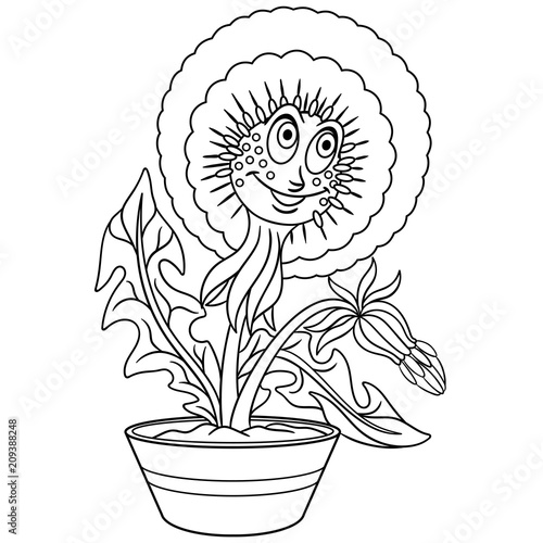 Fototapeta Naklejka Na Ścianę i Meble -  Dandelion flower in a pot. Coloring page. Colouring picture. Coloring book. 