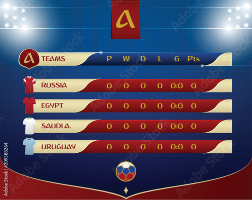 Soccer or football results table template design. Schedule of soccer matches on the dot pattern and stadium lighting for football championship. Vector illustration