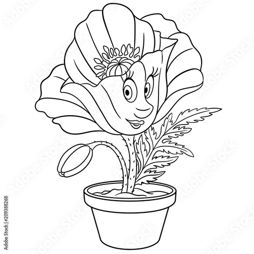 Fototapeta Naklejka Na Ścianę i Meble -  Poppy flower in a pot. Coloring page. Colouring picture. Coloring book. 