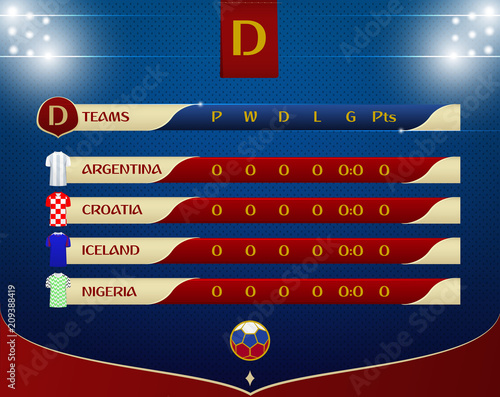 Soccer or football results table template design. Schedule of soccer matches on the dot pattern and stadium lighting for football championship. Vector illustration