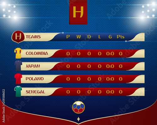 Soccer or football results table template design. Schedule of soccer matches on the dot pattern and stadium lighting for football championship. Vector illustration