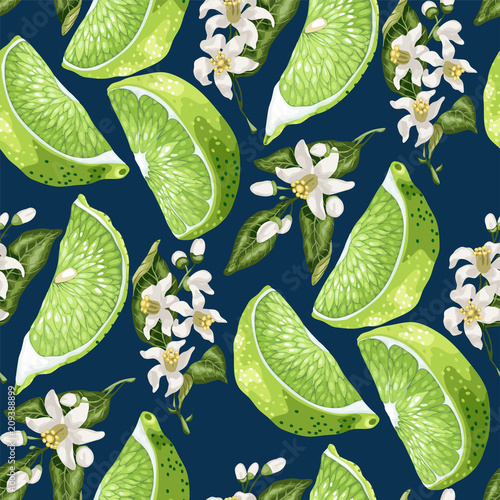 Seamless pattern in green and marine colors with lime slices and citrus lemon flowers