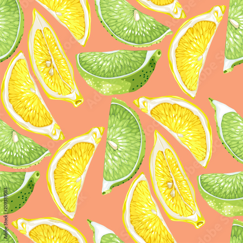 Seamless summer pattern with citrus slices of lemon and lime tree fruits