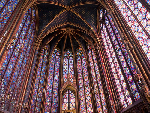 Rich decorated interior of the Gothic Medieval Sainte Chapelle - a royal chapel in Paris, France. June, 2018