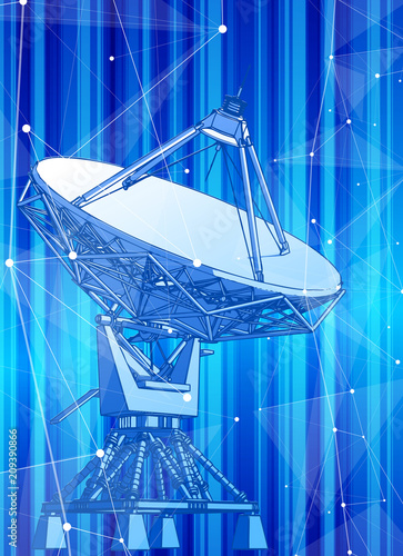 Satellite Dishes Antenna - doppler radar, digital wave and blue technology background - abstract illustration of science, astronomy, information technology, network solutions  and digital technologies