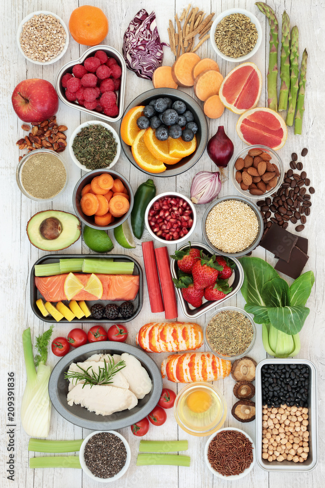 Diet food sampler with herbs used as appetite suppressants, seafood, chicken, fruit, vegetables, nuts, seeds, grains & legumes. Superfoods high in omega 3, antioxidants, anthocyanins, fibre & vitamin Diet food sampler with herbs used as appetite suppressants, seafood, chicken, fruit, vegetables, nuts, seeds, grains & legumes. Superfoods high in omega 3, antioxidants, anthocyanins, fibre & vitamin