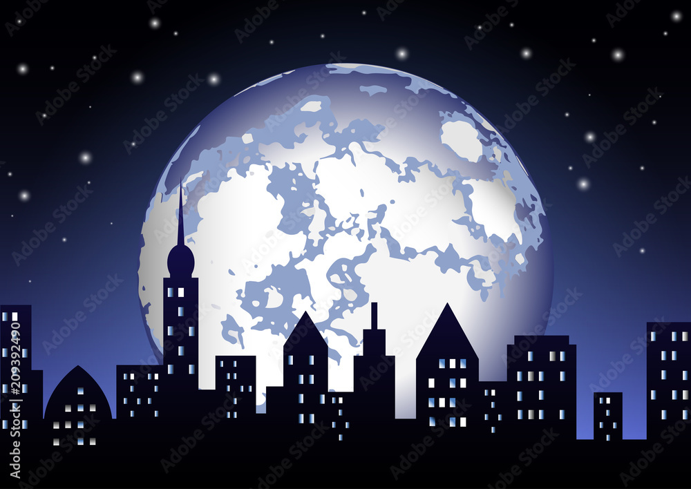 Fototapeta premium The full moon shines on the night city.