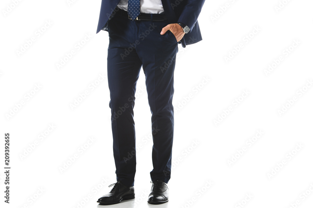cropped image of businessman standing with hand in pocket isolated on white background cropped image of businessman standing with hand in pocket isolated on white background