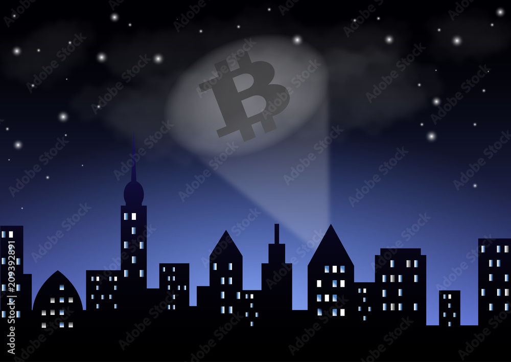 The light from the searchlight shows the crypto-currency bitcoin over the night city.