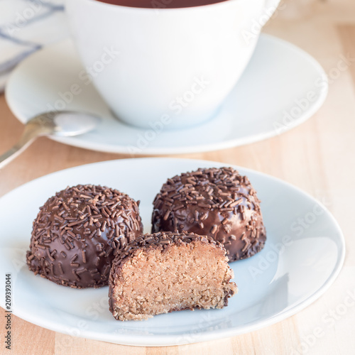 Swedish sweets Arrack balls, made from cookie crumbs, cocoa, butter and coconut wine Arrack flavour, square format photo