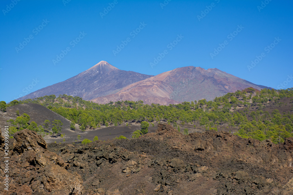 Beautiful view of the Teide Volcano and Pico Viejo. Parque Nacional del Teide Tenerife, Canary Islands.