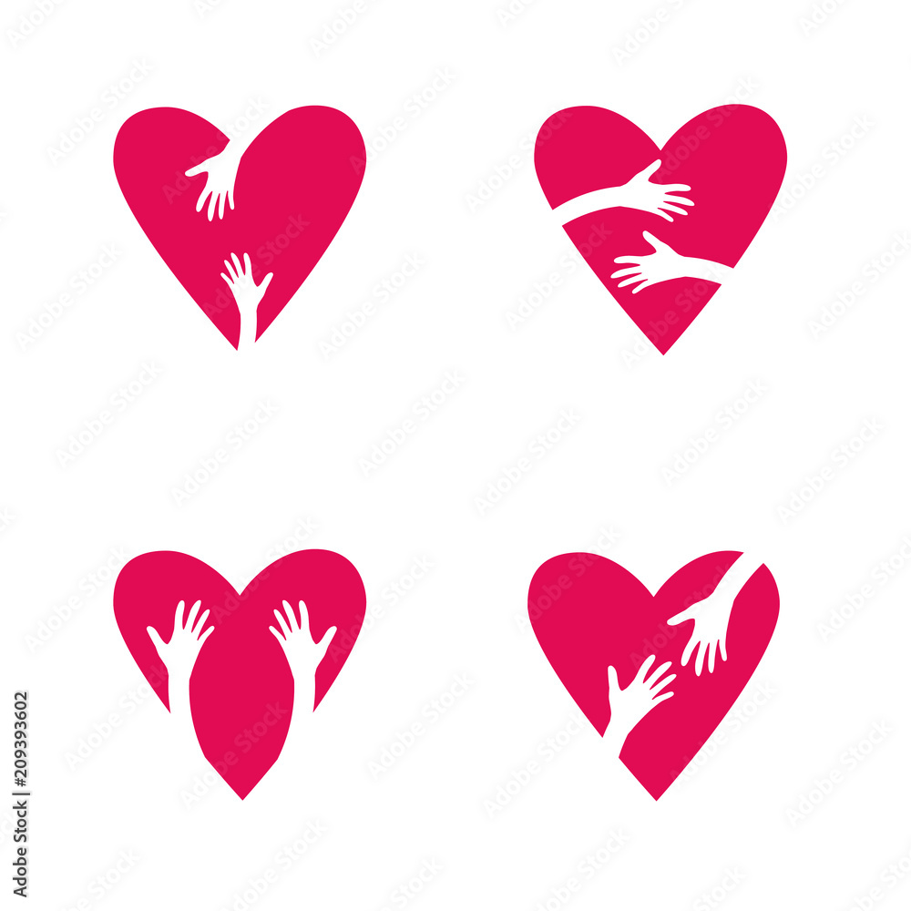 Set of Red hearts and hands. Love, Hope, Care Logo, Vector Illustration