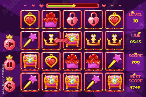 Princess girlish interface Match3 Games and buttons, game assets icons