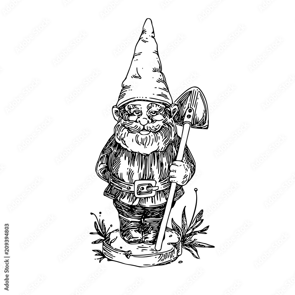 Figure of garden gnome with shovel. Sketch. Engraving style. Vector illustration.