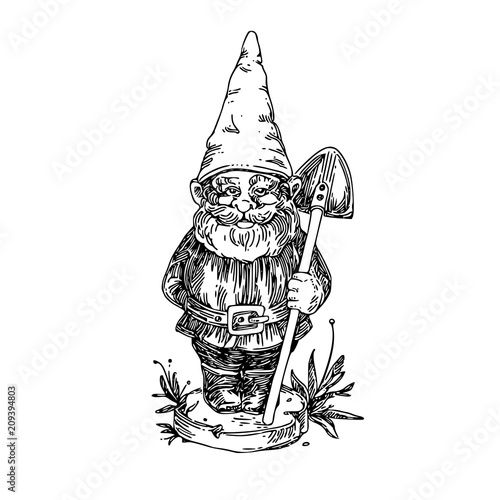 Figure of garden gnome with shovel. Sketch. Engraving style. Vector illustration. photo
