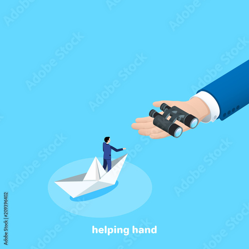 man in business suit on paper boat and hand with binoculars on palm, isometric image