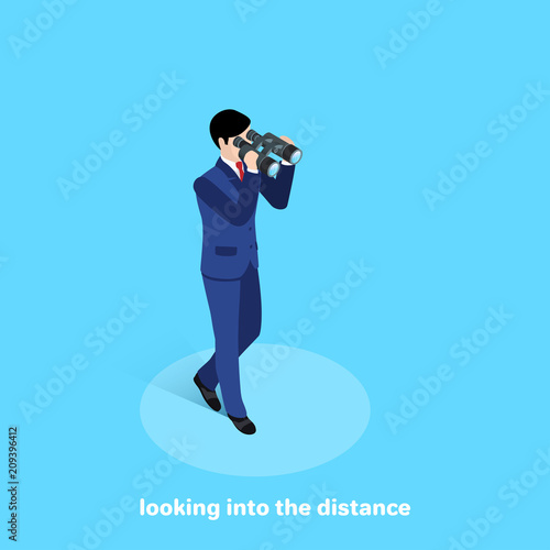 man in a business suit on a blue background looks through binoculars, isometric image