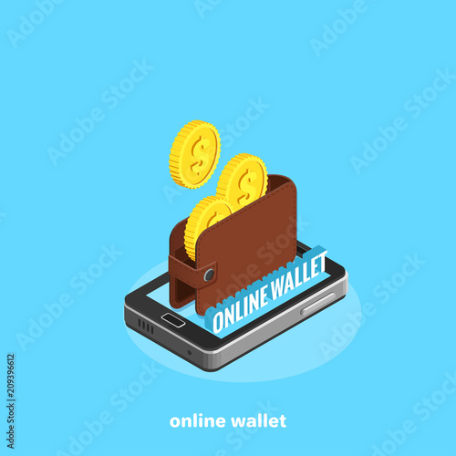 electronic wallet on the smartphone screen, isometric image