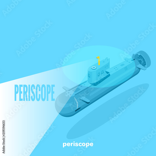 submarine floats underwater with an outwardly periscope, isometric image