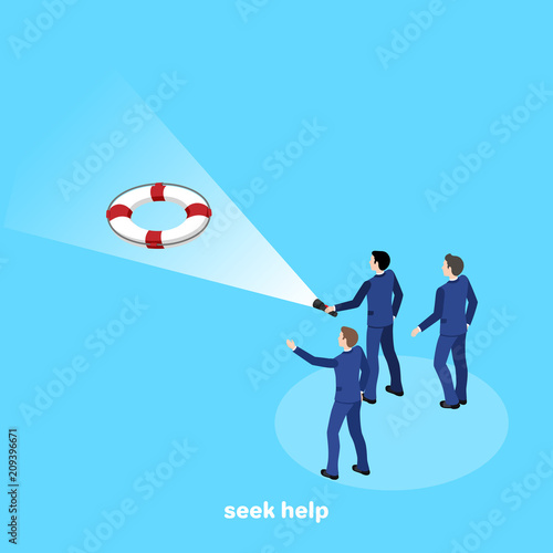 a man in a business suit with a flashlight in his hand shines in front of him on a life ring, isometric image