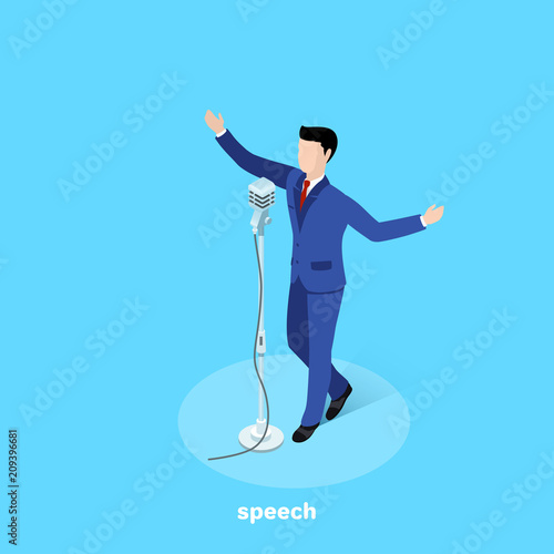 man in business suit speaks in retro microphone on blue background, isometric image